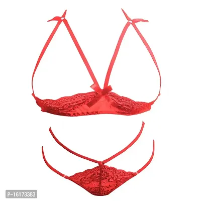 Psychovest Women's Sexy Lace Front Open Wired Bra and Panty Lingerie Set Free Size (Red)
