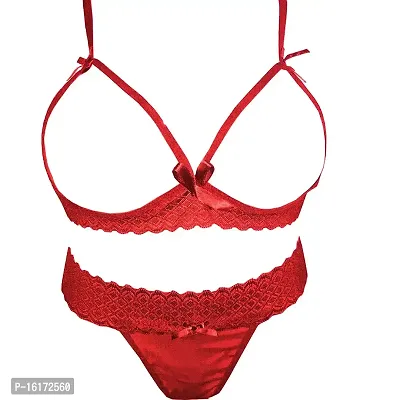 Psychovest Women's Sexy Lace Front Open Back Tail Bra and Panty Lingerie Set Free (Red)
