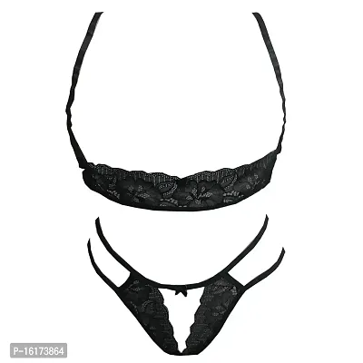 Psychovest Women's Sexy Strappy Lace Bra and Panty Lingerie Set Free Size  Black
