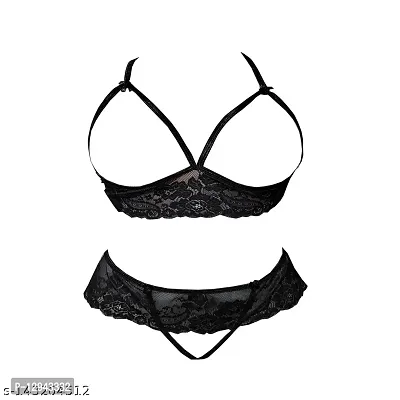 Women Sexy Crotch Less Front Open Bra and Panty Lingerie Set Free Size