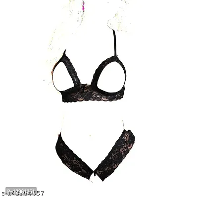 Classic Women Sexy Lace Front Open Bra and Crotchless Panty Lingerie Set Free-thumb3