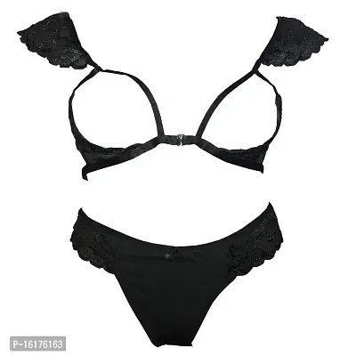 FVCO Non-Padded Self Design Net Bra Panty Set for Women's | Lingerie Set  (Pack of 1) Black