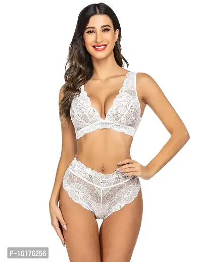 Psychovest Women's Sexy Lace Two Piece Strappy Bra and Panty Lingerie Set Free Size (White)-thumb0