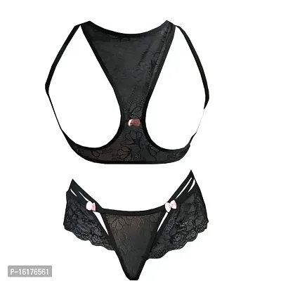 Psychovest Women's Sexy Strappy Lace Bra and Panty Lingerie Set Free Size  Black