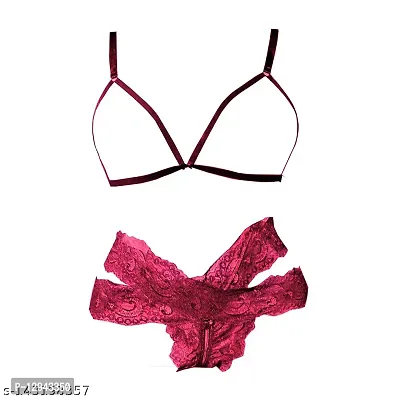 Buy Women Sexy Lace Front Open Bra and Cross Hipster Lingerie Set