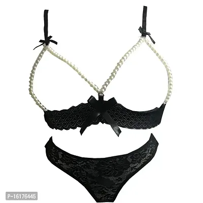 Buy Psychovest Women's Sexy Lace Open Sling Bra and Panty Lingerie Set Free  Size (Black) at