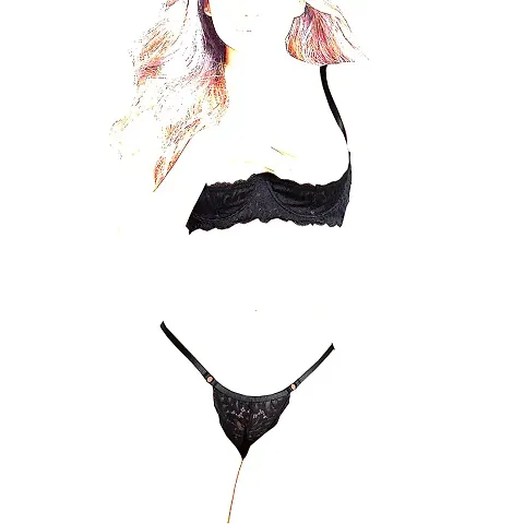 Psychovest Women's Sexy Lace Front Open Bra and Panty Lingerie Set Free Size