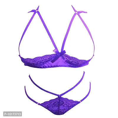 Psychovest Women's Sexy Lace Front Open Wired Bra and Panty Lingerie Set Free Size (Purple)