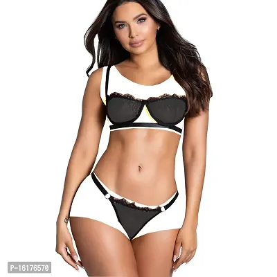 Psychovest Women's Sexy Under Wired Cut Out Bra and Hipster Panty Set (Black)
