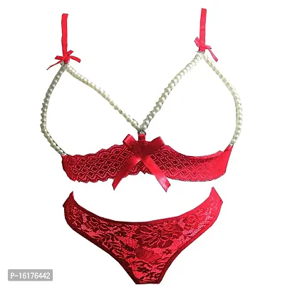Psychovest Women's Sexy Lace Pearl Design Tail Back Bra and Panty Lingerie Set Free Size (Red)
