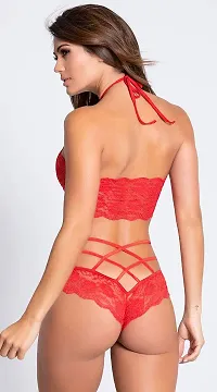 Psychovest Women's Sexy Lace Strap Bra and Panty Lingerie Set Free Size (Red)-thumb3