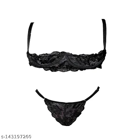 Women Sexy Lace Front Open Bra and Panty Lingerie Set Free Size