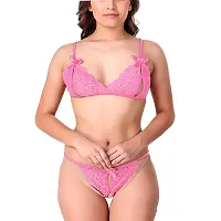 Psychovest Women's Sexy Lace Microfiber Bra and Panty Lingerie Set Free Size (Pink)-thumb1