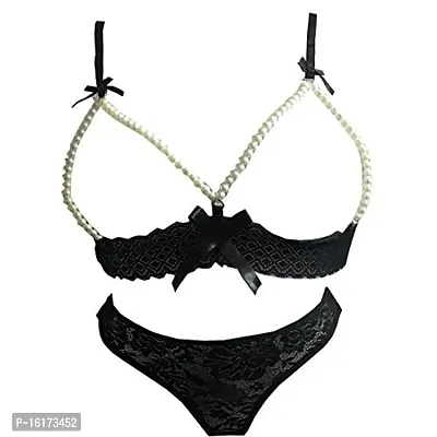 Psychovest Women's Sexy Lace Pearl Design Tail Back Bra and Panty Lingerie Set Free Size Black
