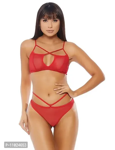 Womens Sexy Lace Crisscross Strips Bra and Panty Lingerie Set-thumb0