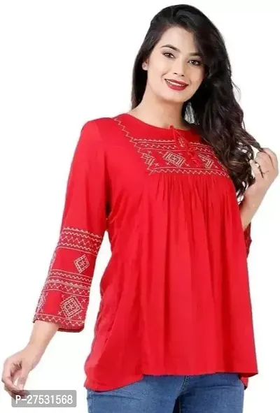 Elegant Red Rayon Embroidered Top For Women-thumb0