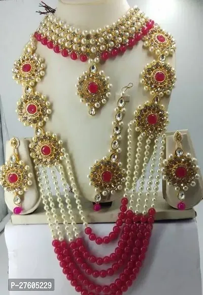 Stylish Pink Alloy Pearl Jewellery Set For Women-thumb0