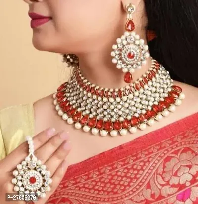 Stylish Red Alloy Pearl Jewellery Set For Women