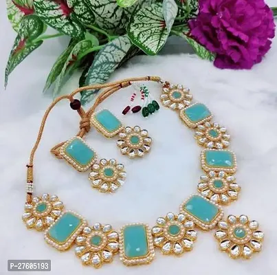 Stylish Turquoise Alloy Kundan Jewellery Set For Women-thumb0