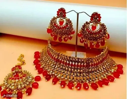 Stylish Red Alloy Pearl Jewellery Set For Women-thumb0