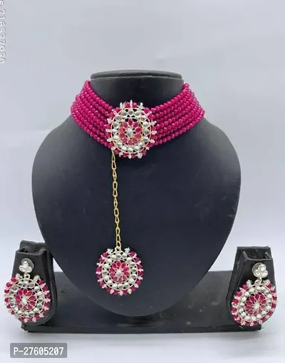 Stylish Pink Alloy Pearl Jewellery Set For Women-thumb0