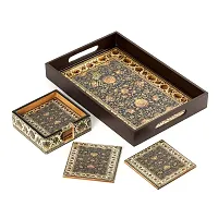DULI Deco Painted Enamel Coated Multipurpose Tray with Enamel Coated Set of 6 Coasters with case in MDF | Serving Tray for Home  Dining Table | Multipurpose Tray (DECOTray(12x8)+Coasters-Jamawaar)-thumb1