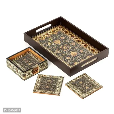 DULI Deco Painted Enamel Coated Multipurpose Tray with Enamel Coated Set of 6 Coasters with case in MDF | Serving Tray for Home  Dining Table | Multipurpose Tray (DECOTray(12x8)+Coasters-Jamawaar)-thumb2