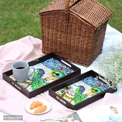 DULI Set of 2 MDF Wood Enamel Coated Multipurpose Trays| Serving Tray for Home  Dining Table | Multipurpose Tray | (12x8  14x10 Inches) (Setof2PrintedDeco: SinglePeacockRct)-thumb0