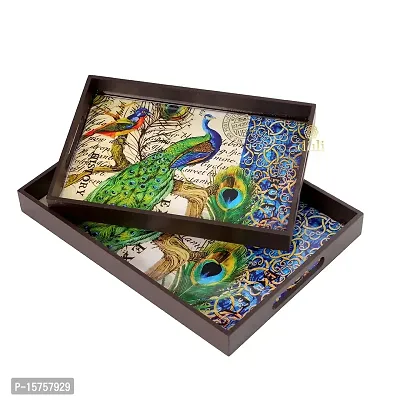 DULI Set of 2 MDF Wood Enamel Coated Multipurpose Trays| Serving Tray for Home  Dining Table | Multipurpose Tray | (12x8  14x10 Inches) (Setof2PrintedDeco: SinglePeacockRct)-thumb3