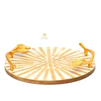 DULI Inlay Work Round Multipurpose Platter/Tray in MDF with Metal Golden Handles| Serving Tray for Home  Dining Table | Multipurpose Tray | Table Top Tray for Fruits (RoundPlatter- BownWhiteLines)-thumb2