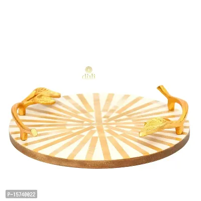 DULI Inlay Work Round Multipurpose Platter/Tray in MDF with Metal Golden Handles| Serving Tray for Home  Dining Table | Multipurpose Tray | Table Top Tray for Fruits (RoundPlatter- BownWhiteLines)-thumb3