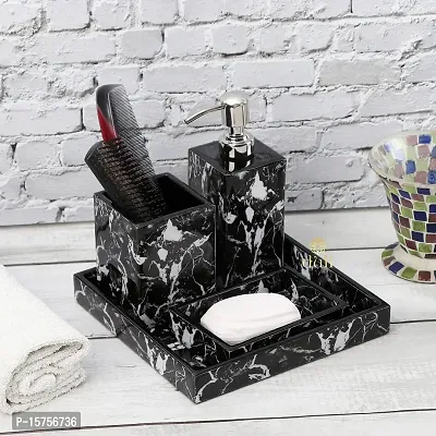 DULI MDF Bathroom Set with Enamel Coating(Set of 4) Tray,Dispenser,Toothpaste/Brush Holder,Soap Dish (BlackMarble)-thumb2