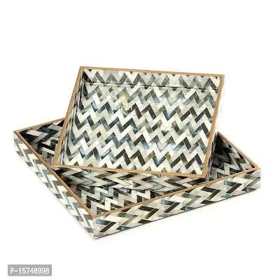 DULI Set of 2 MDF Wood Enamel Coated Multipurpose Trays| Serving Tray for Home  Dining Table | Multipurpose Tray | Water  Heat Resistant Durable| (10 * 10  12 * 12 Inches) (MOP Zigzag)-thumb2