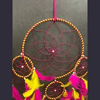 Economique?? 5 Ring Dream Catchers, Wall Hangings, Home Decor, Handmade Room Decor Items for Bedroom, Balcony, Party, Cafe, Ring Beaded with Red and Green Feather (Large, 27inches) (Yellow Pink)-thumb1