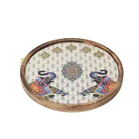 DULI Enamel Coated Round Multipurpose Serving Platter in Mangowwod | Serving Tray for Home  Dining Table | Multipurpose Tray | Snacks Platter Serving Tray Round Tray (WoodenPlatter- 2Elephant)-thumb1