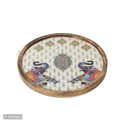 DULI Enamel Coated Round Multipurpose Serving Platter in Mangowwod | Serving Tray for Home  Dining Table | Multipurpose Tray | Snacks Platter Serving Tray Round Tray (WoodenPlatter- 2Elephant)-thumb2