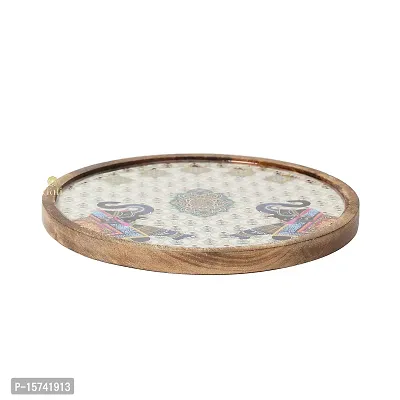 DULI Enamel Coated Round Multipurpose Serving Platter in Mangowwod | Serving Tray for Home  Dining Table | Multipurpose Tray | Snacks Platter Serving Tray Round Tray (WoodenPlatter- 2Elephant)-thumb3