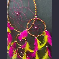 Economique?? 5 Ring Dream Catchers, Wall Hangings, Home Decor, Handmade Room Decor Items for Bedroom, Balcony, Party, Cafe, Ring Beaded with Red and Green Feather (Large, 27inches) (Yellow Pink)-thumb2