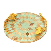 DULI Inlay Work Round Multipurpose Platter/Tray in MDF with Metal Golden Handles| Serving Tray for Home  Dining Table | Multipurpose Tray | Table Top Tray for Fruits (RoundPlatter- Bluestar)-thumb1