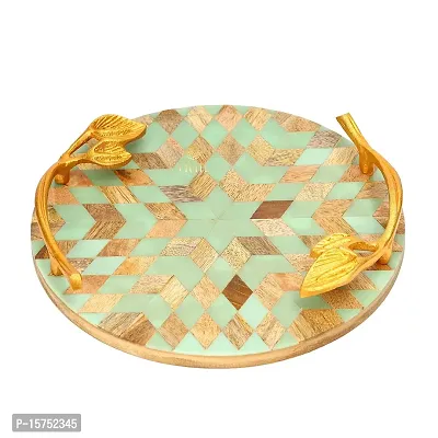 DULI Inlay Work Round Multipurpose Platter/Tray in MDF with Metal Golden Handles| Serving Tray for Home  Dining Table | Multipurpose Tray | Table Top Tray for Fruits (RoundPlatter- Bluestar)-thumb2