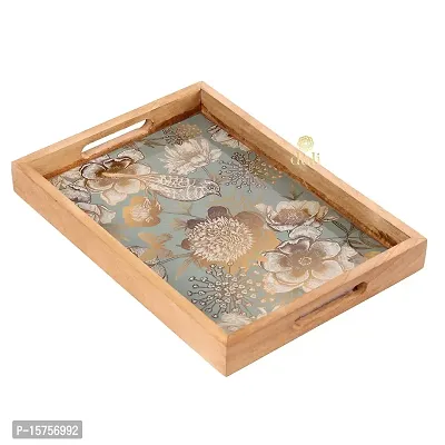 DULI Mango Wood Tray with Enamel Coating Multipurpose Tray | Serving Tray for Home  Dining, Wooden Tray ,Trays for Serving,Home Decor Items,Wooden Tray for Decoration (GreyGoldBirds)-thumb3