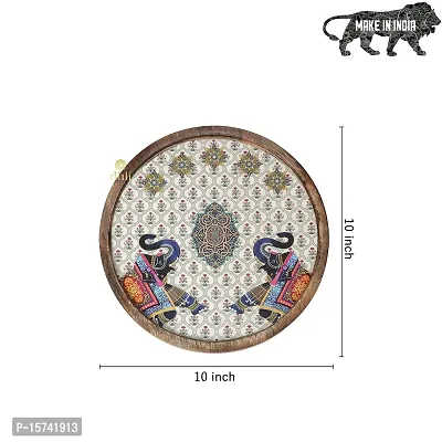 DULI Enamel Coated Round Multipurpose Serving Platter in Mangowwod | Serving Tray for Home  Dining Table | Multipurpose Tray | Snacks Platter Serving Tray Round Tray (WoodenPlatter- 2Elephant)-thumb4