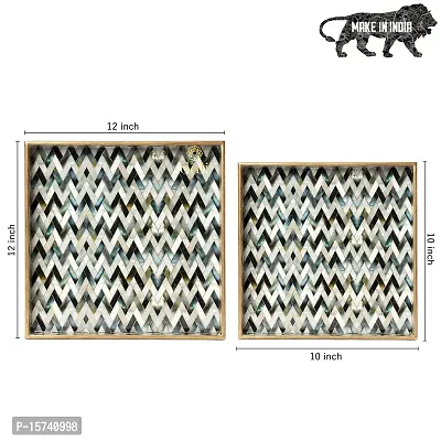 DULI Set of 2 MDF Wood Enamel Coated Multipurpose Trays| Serving Tray for Home  Dining Table | Multipurpose Tray | Water  Heat Resistant Durable| (10 * 10  12 * 12 Inches) (MOP Zigzag)-thumb3