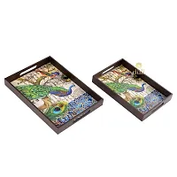 DULI Set of 2 MDF Wood Enamel Coated Multipurpose Trays| Serving Tray for Home  Dining Table | Multipurpose Tray | (12x8  14x10 Inches) (Setof2PrintedDeco: SinglePeacockRct)-thumb3