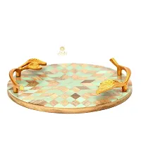 DULI Inlay Work Round Multipurpose Platter/Tray in MDF with Metal Golden Handles| Serving Tray for Home  Dining Table | Multipurpose Tray | Table Top Tray for Fruits (RoundPlatter- Bluestar)-thumb2