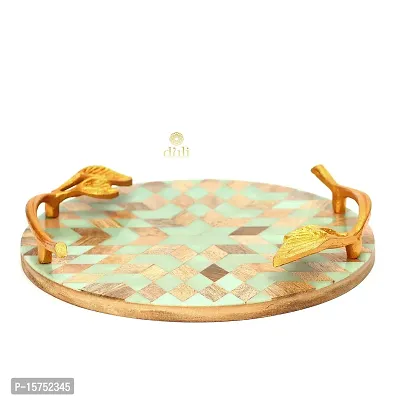 DULI Inlay Work Round Multipurpose Platter/Tray in MDF with Metal Golden Handles| Serving Tray for Home  Dining Table | Multipurpose Tray | Table Top Tray for Fruits (RoundPlatter- Bluestar)-thumb3