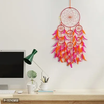 DULI 2 Tier 7 Rings Dreamcatcher Wall Hanging Dream Catcher Handmade Wall Art for Bedrooms, Office, Balcony, Outdoors, Garden, Home Wall, Car Hanging, Dreamcatcher (7RingDC: Pink-Orange)