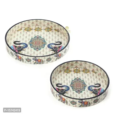 DULI Set of 2 MDF Wood Enamel Coated Multipurpose Trays (10 * 10  12 * 12 Inches) (Round 2Elephants)-thumb5