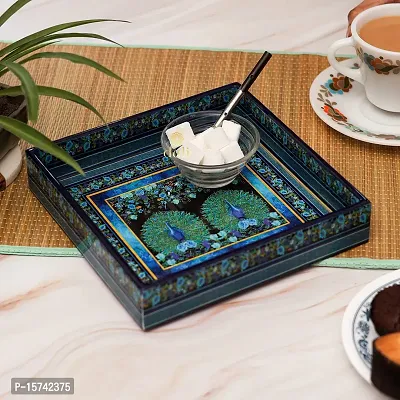 DULI Enamel Coated Multipurpose Tray in MDF | Serving Tray for Home  Dining Table | Multipurpose Tray | Water  Heat Resistant Durable (8x8Tray: 2Peacocks)-thumb0