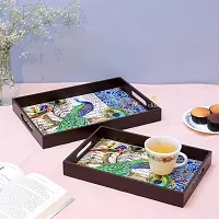 DULI Set of 2 MDF Wood Enamel Coated Multipurpose Trays| Serving Tray for Home  Dining Table | Multipurpose Tray | (12x8  14x10 Inches) (Setof2PrintedDeco: SinglePeacockRct)-thumb1